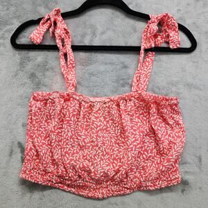 Kiwi+Punch Top Womens M Coral Pink Floral Tie Shoulder Strap Ruffle Smocked Crop